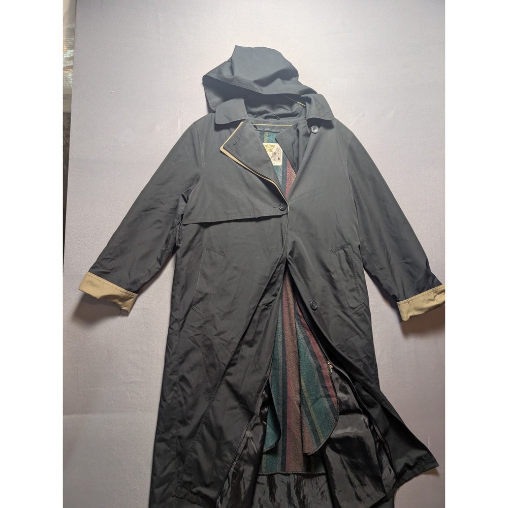 Towne by London Fog Trench Coat Women's 8 Black Plaid Lined Detachable Hooded